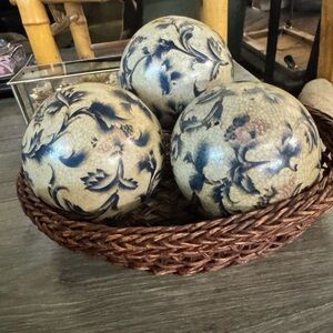 3 Chinoiserie Style Blue/White Orbs or Spheres in Woven Basket